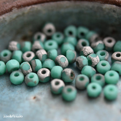 50 Matte Opaque Seagreen, Etched Metallic Silver Finish, Premium Czech Glass, Trica Cut Beads 3x4mm