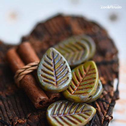 6 Opaque Artichoke, Olive Green, Coral Red Picasso Finish, Premium Czech Glass, Leaf Beads 12x16mm