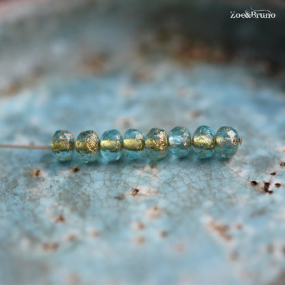 30 Translucent Baby Blue, Etched Metallic Gold Wash, Premium Czech Glass, Facet Rondelle Beads 3x5mm.