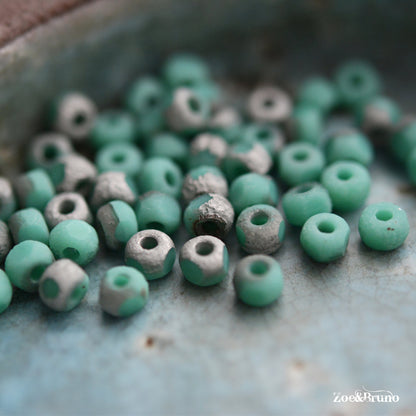 50 Matte Opaque Seagreen, Etched Metallic Silver Finish, Premium Czech Glass, Trica Cut Beads 3x4mm