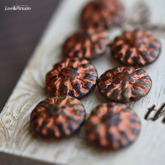 6 Translucent Brown, Crimson Red, Picasso Finish, Metallic Copper Wash, Premium Czech Glass, Dahlia Flower Beads 14mm.
