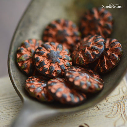 6 Translucent Brown, Crimson Red, Picasso Finish, Metallic Copper Wash, Premium Czech Glass, Dahlia Flower Beads 14mm.