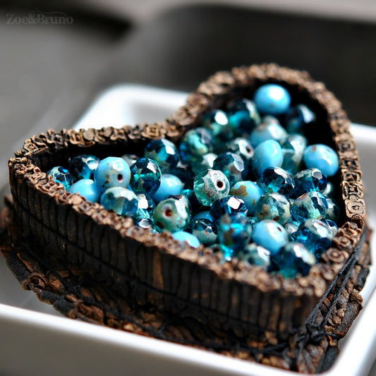 15 Transparent Aqua, Capri Blue, Opaque Baby Blue, Picasso Finish, Premium Czech Glass, Facet Rondelle Bead Mix 7x5mm