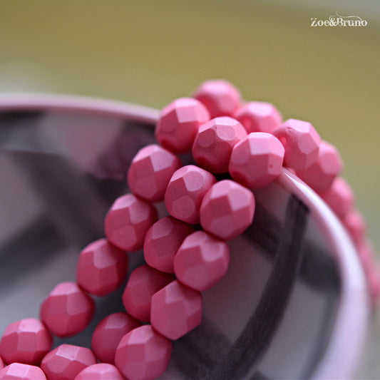 25 Matte Opaque Saturated Pink, Premium Czech Glass, Fire-Polish, Facet Round Beads 6mm