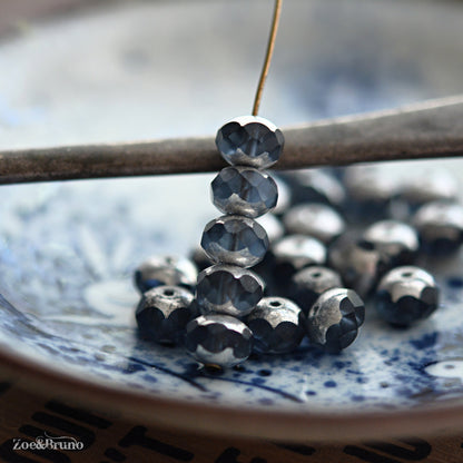 10 Transparent Montana, Slate Blue, Metallic Silver Finish, Premium Czech Glass, Facet Rondelle Beads 6x8mm.