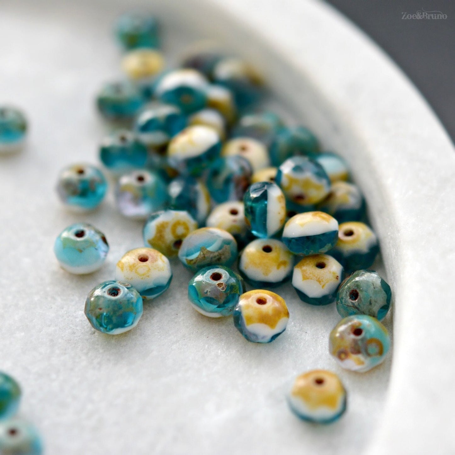 10 Translucent Capri Blue, Opaque White, Picasso Finish, Premium Czech Glass, Facet Rondelle Beads 6x8mm