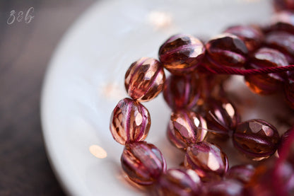 6 Transparent Peach, Copper Rainbow Luster Finish, Metallic Pink Wash, Premium Czech Glass, Faceted Melon Round Beads 10mm
