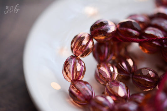 6 Transparent Peach, Copper Rainbow Luster Finish, Metallic Pink Wash, Premium Czech Glass, Faceted Melon Round Beads 10mm