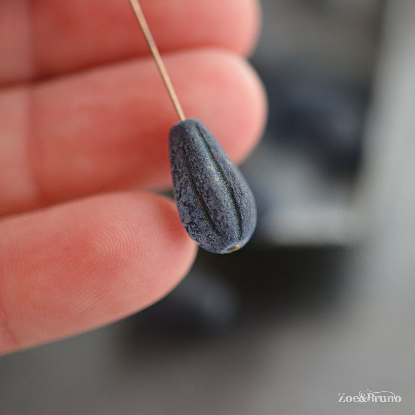 6 Matte Midnight Blue, Etched AB Aurora Borealis Finish, Premium Czech Glass, Melon Drop Beads 8x15mm