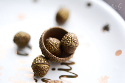 6 Opaque Matte Brown, Metallic Gold Wash, Premium Czech Glass, Acorn Beads 10x12mm