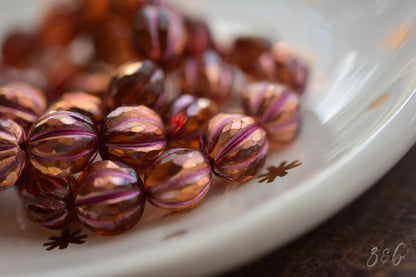 6 Transparent Peach, Copper Rainbow Luster Finish, Metallic Pink Wash, Premium Czech Glass, Faceted Melon Round Beads 10mm