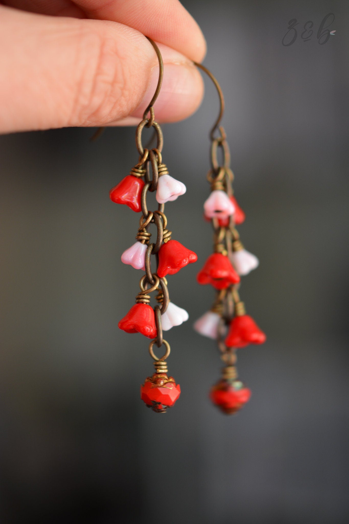 Galentines Day Earrings - Vintaj Brass, Nickel Free, Lead Free, Pure Brass, Vintage Opaque Red Czech Glass Bell Flowers, Pink Bell Flower