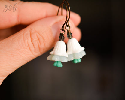 Snow White Earrings - Vintaj Brass, Nickel Free, Lead Free, Pure Brass, Vintage Lucite, Pale Blue, Turquoise, Czech Glass Flower Stack