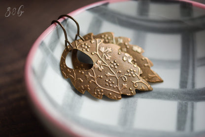 Once Upon A Time Earrings - Vintaj Brass, Nickel Free, Lead Free, Pure Brass, Hammered Patterned, Vintage Inspired, Floral Leaves