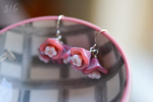 Pretty In Pink Earrings - Handmade, Sterling Silver, Opaque Pink, Czech Glass Bell Flower, Clusters