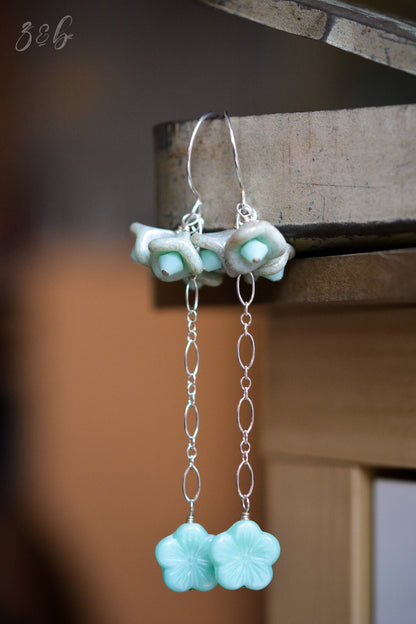 Mint Dream Earrings - Handmade, Sterling Silver, Opaque Pale Mint, Metallic Gold Czech Glass Flowers, Swarovski Crystals