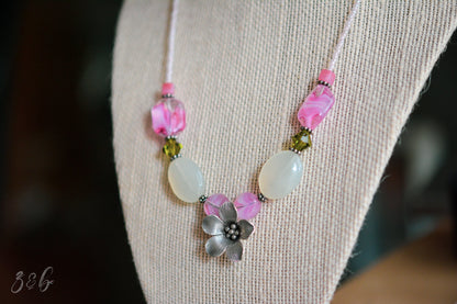 Spring Garden Necklace - Hill Tribe Sterling Silver Toggle And Clasp, Olivine Swarovski Crystals, Jade, Clear/Pink Czech Glass, Choker