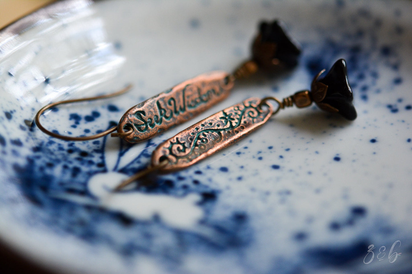 Seek Wisdom Earrings - Handmade, Vintaj Nickel, Lead Free, Pure Brass, Jet Black Czech Glass Trumpet Flowers, Seek Wisdom