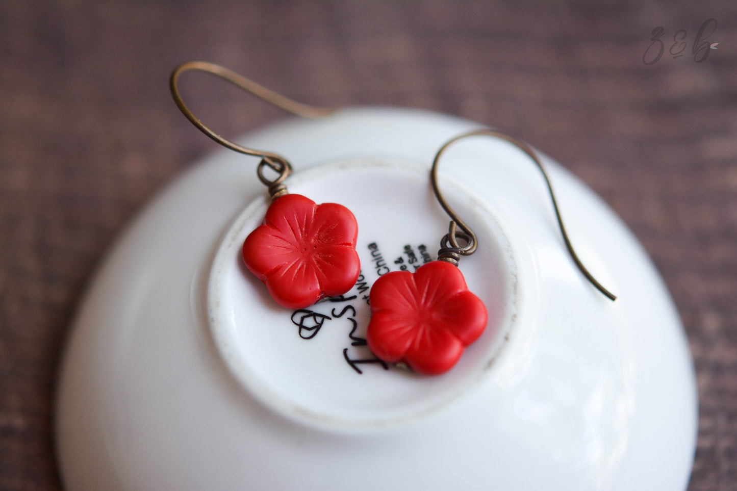 Cherry Blossom Earrings - Handmade, Vintaj Brass, Nickel Free, Lead Free, Pure Brass, Matte Opaque Red, Czech Glass Blossoms