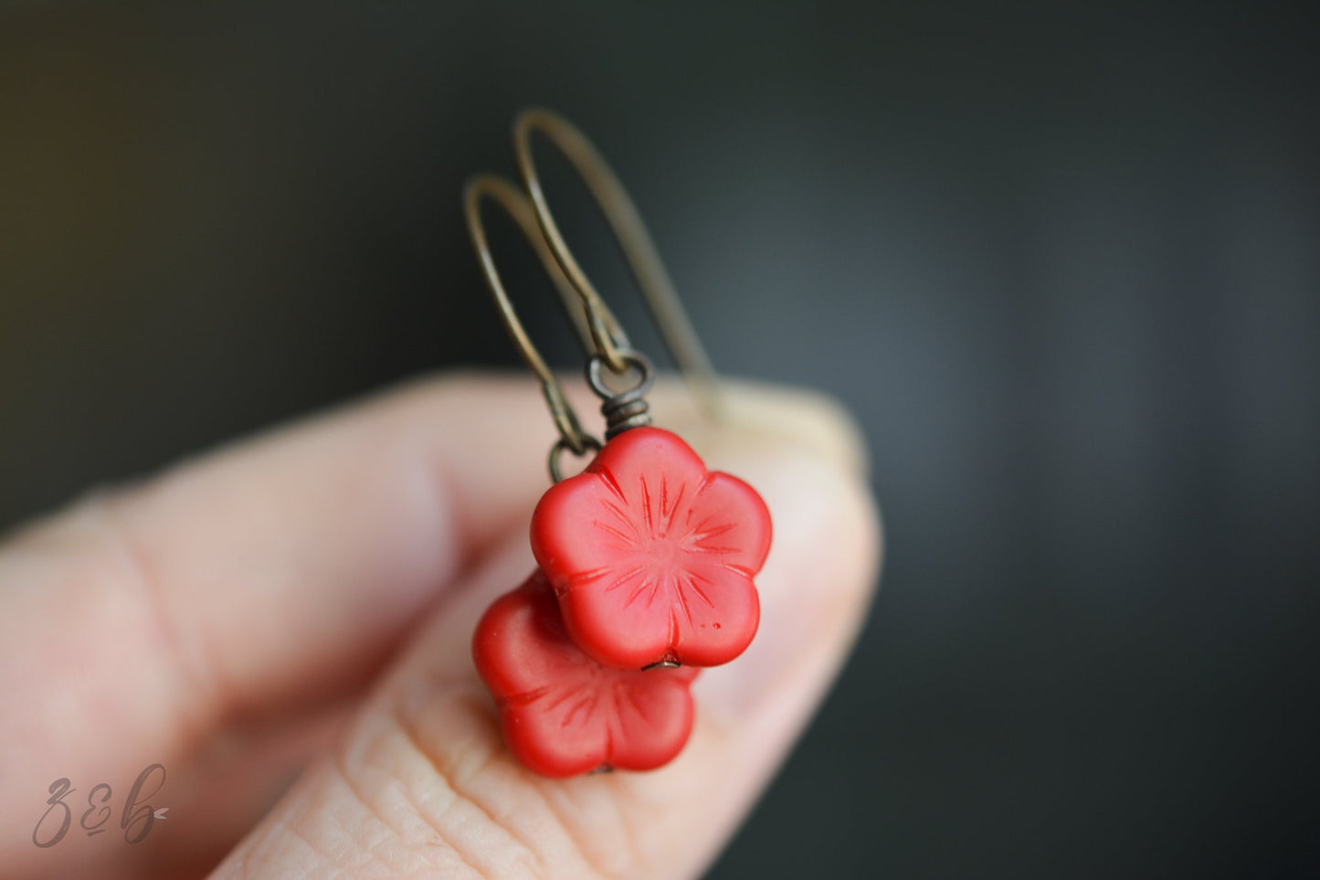 Cherry Blossom Earrings - Handmade, Vintaj Brass, Nickel Free, Lead Free, Pure Brass, Matte Opaque Red, Czech Glass Blossoms