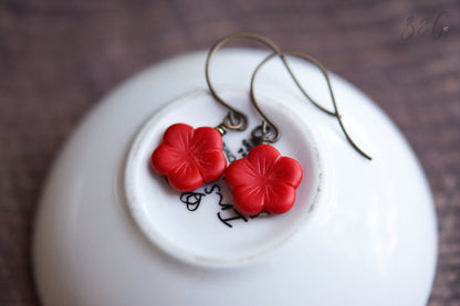 Cherry Blossom Earrings - Handmade, Vintaj Brass, Nickel Free, Lead Free, Pure Brass, Matte Opaque Red, Czech Glass Blossoms