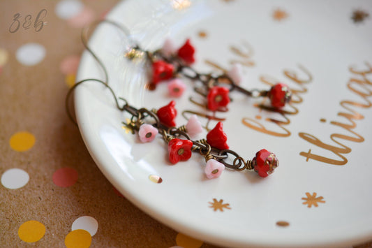 Galentines Day Earrings - Vintaj Brass, Nickel Free, Lead Free, Pure Brass, Vintage Opaque Red Czech Glass Bell Flowers, Pink Bell Flower