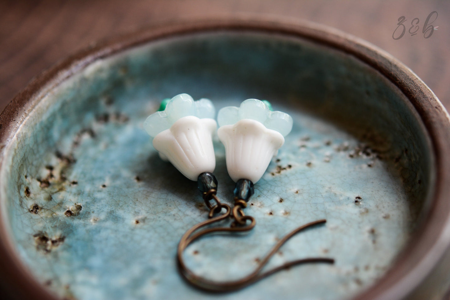 Snow White Earrings - Vintaj Brass, Nickel Free, Lead Free, Pure Brass, Vintage Lucite, Pale Blue, Turquoise, Czech Glass Flower Stack