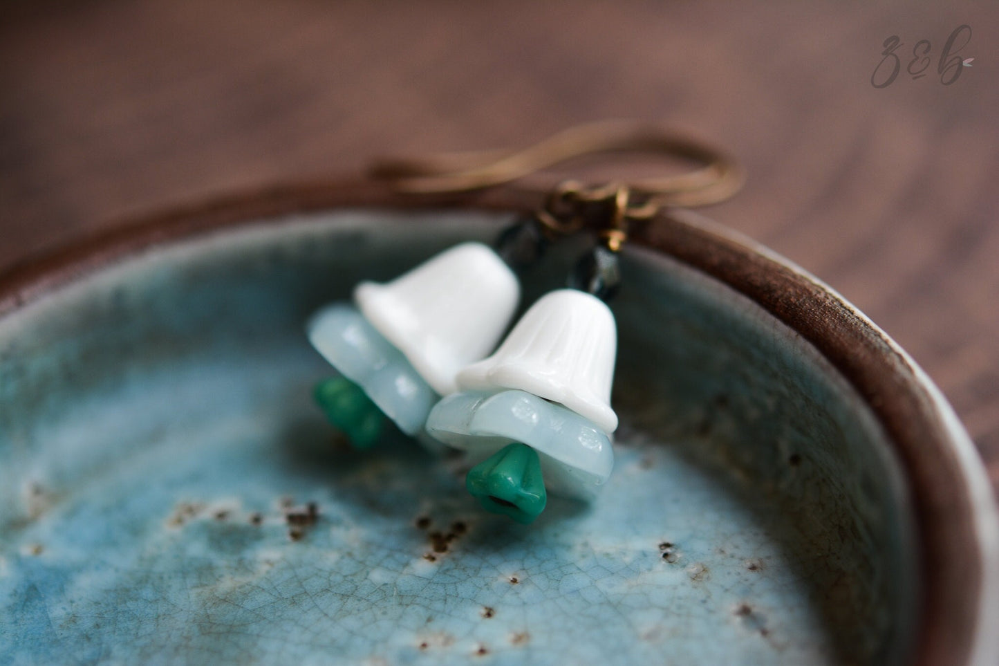 Snow White Earrings - Vintaj Brass, Nickel Free, Lead Free, Pure Brass, Vintage Lucite, Pale Blue, Turquoise, Czech Glass Flower Stack