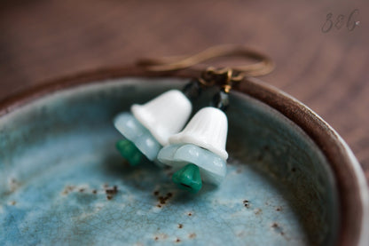 Snow White Earrings - Vintaj Brass, Nickel Free, Lead Free, Pure Brass, Vintage Lucite, Pale Blue, Turquoise, Czech Glass Flower Stack