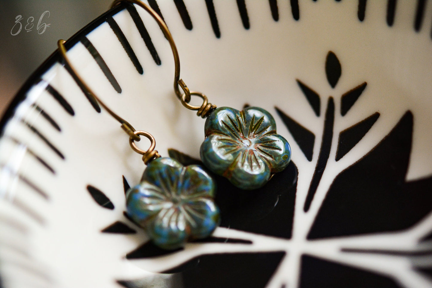 Moss Garden Earrings - Vintaj Brass, Nickel Free, Lead Free, Pure Brass, Opaque Blue, Green, Czech Glass Flower Blossom, Picasso Finish