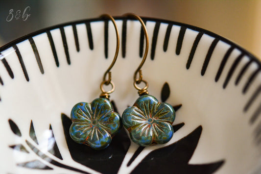 Moss Garden Earrings - Vintaj Brass, Nickel Free, Lead Free, Pure Brass, Opaque Blue, Green, Czech Glass Flower Blossom, Picasso Finish
