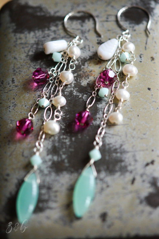 Whimsical Garden Earrings - Sterling Silver, Fuchsia, Mint Swarovski Crystals, Vintage White Leaves, Mint Green Czech Glass, Pearls