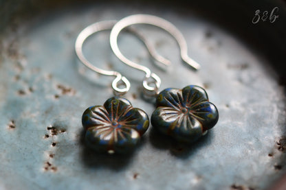 Picasso Blossom Earrings - Handmade, Opaque Green, Blue Picasso, Czech Glass Blossoms, Sterling Silver