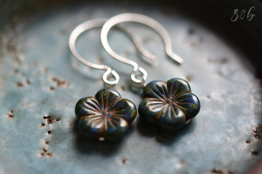 Picasso Blossom Earrings - Handmade, Opaque Green, Blue Picasso, Czech Glass Blossoms, Sterling Silver