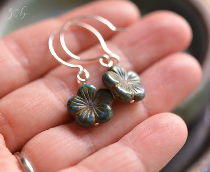 Picasso Blossom Earrings - Handmade, Opaque Green, Blue Picasso, Czech Glass Blossoms, Sterling Silver