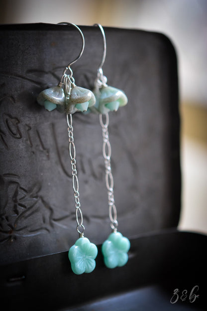 Mint Dream Earrings - Handmade, Sterling Silver, Opaque Pale Mint, Metallic Gold Czech Glass Flowers, Swarovski Crystals