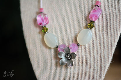 Spring Garden Necklace - Hill Tribe Sterling Silver Toggle And Clasp, Olivine Swarovski Crystals, Jade, Clear/Pink Czech Glass, Choker