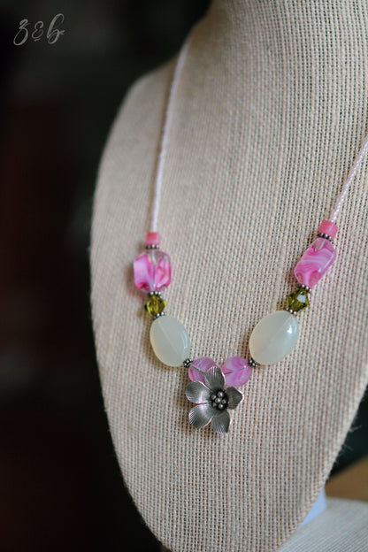 Spring Garden Necklace - Hill Tribe Sterling Silver Toggle And Clasp, Olivine Swarovski Crystals, Jade, Clear/Pink Czech Glass, Choker