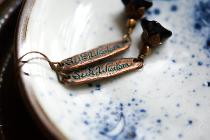Seek Wisdom Earrings - Handmade, Vintaj Nickel, Lead Free, Pure Brass, Jet Black Czech Glass Trumpet Flowers, Seek Wisdom