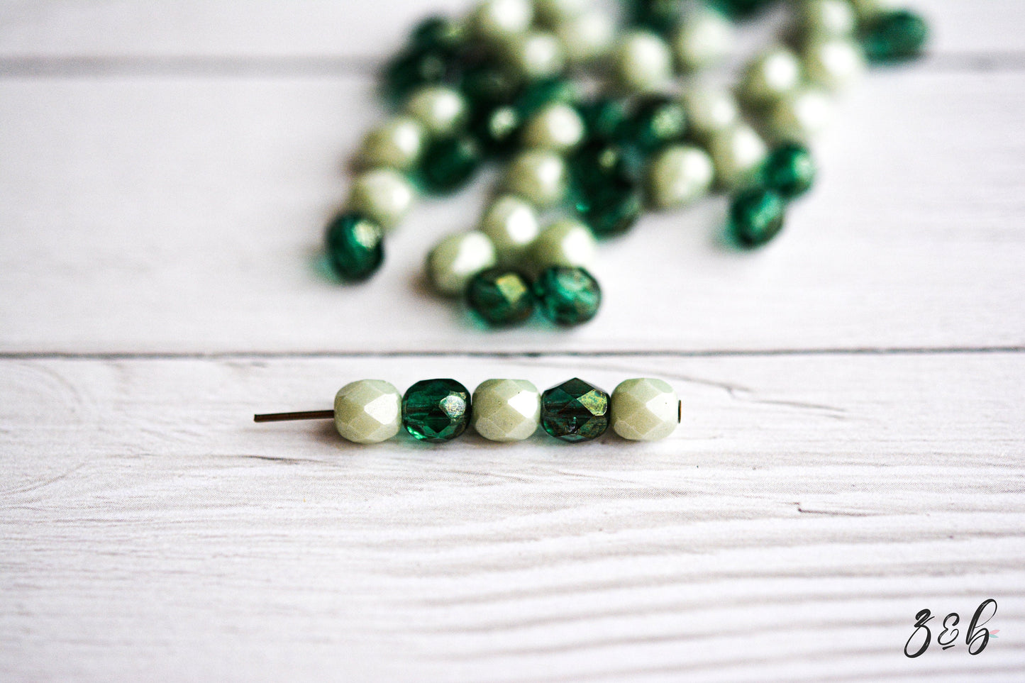 25 Opaque Sage, Translucent Metallic Green Luster, Firepolish Facet Round Bead Mix