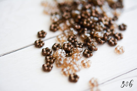 50 Translucent Pale Beige, Luster Finish, Opaque Metallic Bronze, Forget Me Not, Flower Spacer Bead Mix 5mm