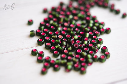 6/0 Frosted Olivine, Pink Lined, TOHO Seed Beads - 15 Grams