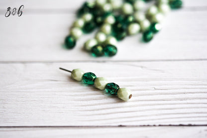 25 Opaque Sage, Translucent Metallic Green Luster, Firepolish Facet Round Bead Mix