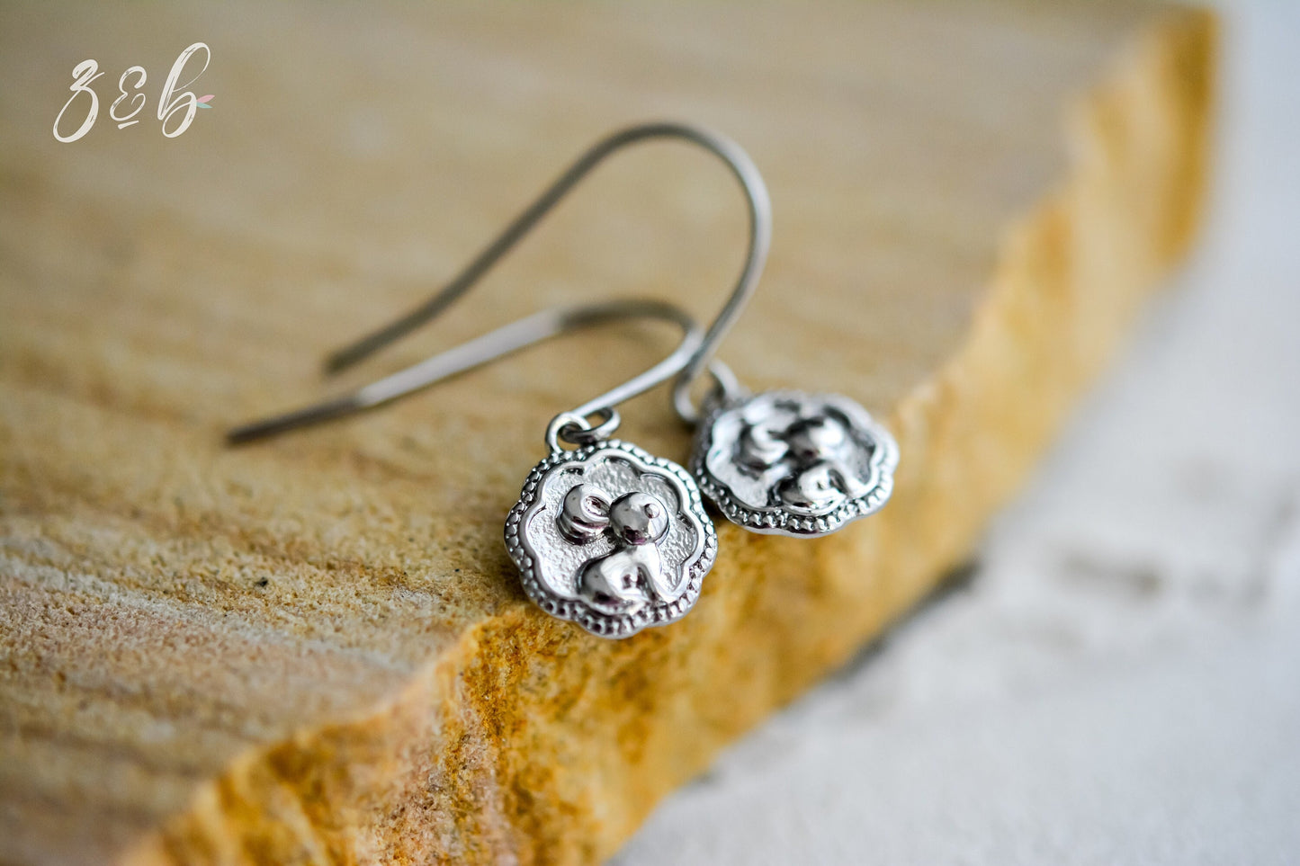 Bunny Friend Earrings - Handmade, Platinum, Stainless Steel, Flower, Rabbit Or Bunny Friend