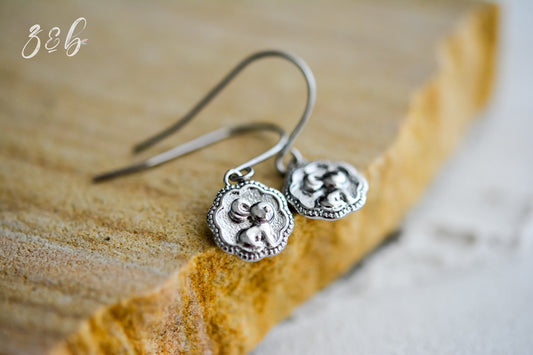 Bunny Friend Earrings - Handmade, Platinum, Stainless Steel, Flower, Rabbit Or Bunny Friend