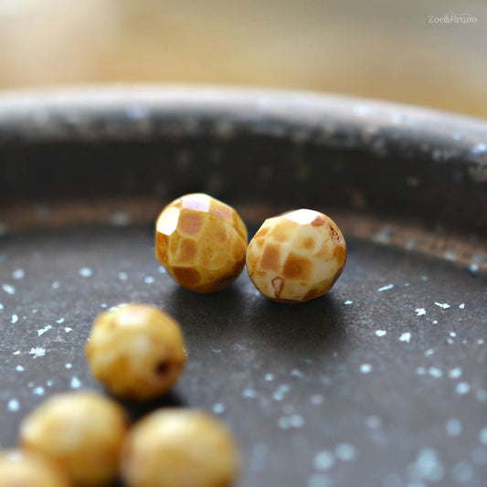 10 Opaque White, Speckled Picasso Finish, Premium Czech Glass, Firepolish, Facet Round Beads 8mm