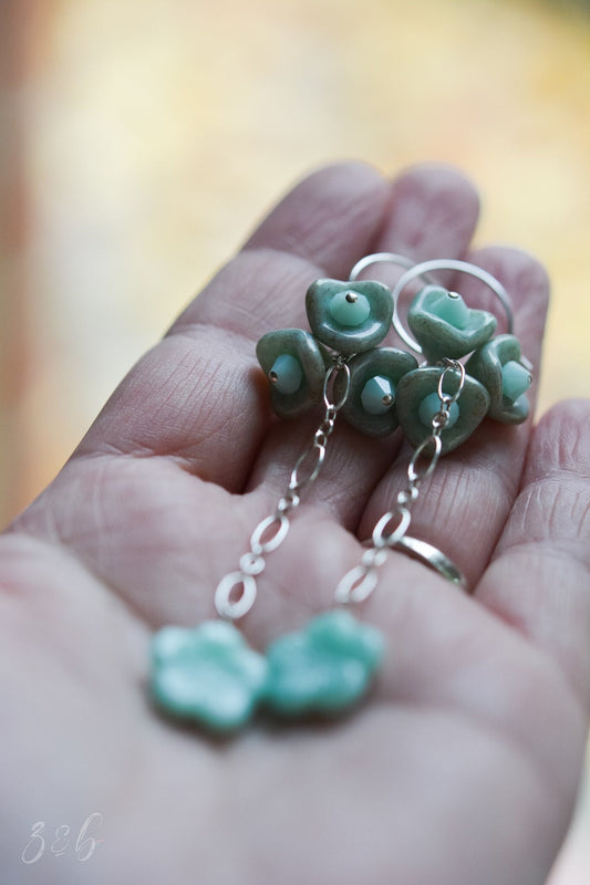 Mint Dream Earrings - Handmade, Sterling Silver, Opaque Pale Mint, Metallic Gold Czech Glass Flowers, Swarovski Crystals