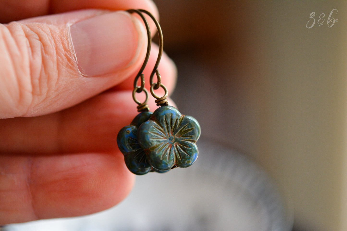 Moss Garden Earrings - Vintaj Brass, Nickel Free, Lead Free, Pure Brass, Opaque Blue, Green, Czech Glass Flower Blossom, Picasso Finish