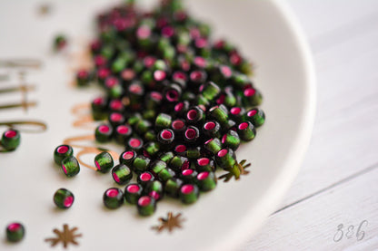 6/0 Frosted Olivine, Pink Lined, TOHO Seed Beads - 15 Grams