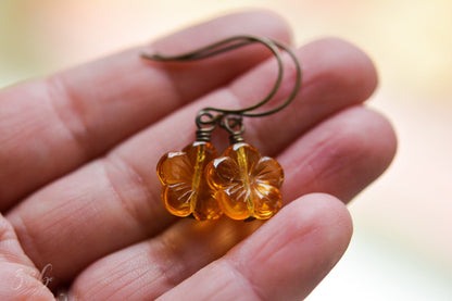 Amber Skies Earrings - Handmade, Vintaj Brass, Nickel Free, Lead Free, Pure Brass, Amber Czech Glass Flower